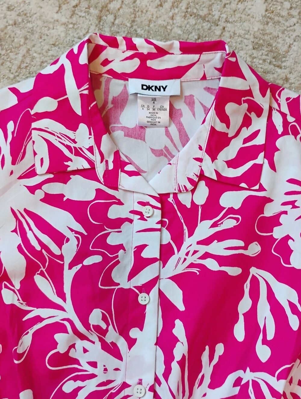 NWT 4 DKNY Fuchsia And White Abstract Floral Short Sleeve Midi Shirt Dress NEW - Picture 4 of 12
